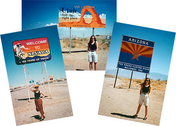 Debbie at state borders of Nevada, Utah and Arizona